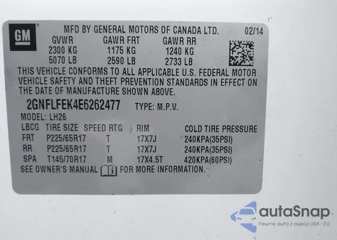 2014 Chevrolet Equinox 1Lt из США, поврежденный, VIN 2GNFLFEK4E6262477